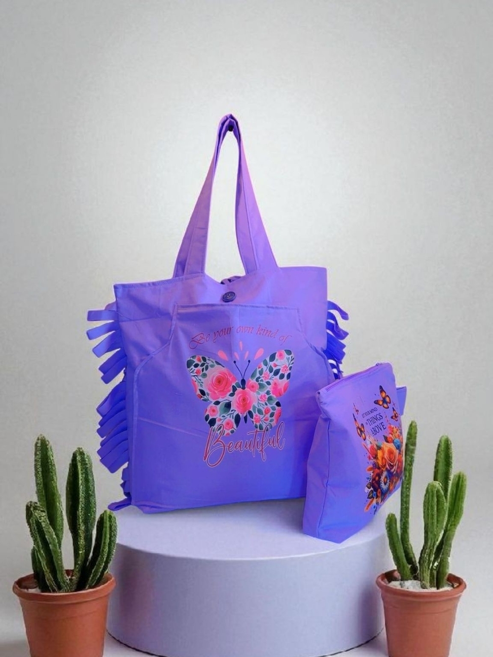 Lavender Butterfly Floral Tote with Matching Pouch